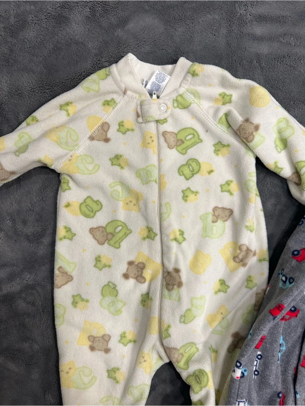 Gray Footed One-Piece with Car Print and Green/Yellow Fleece One Piece